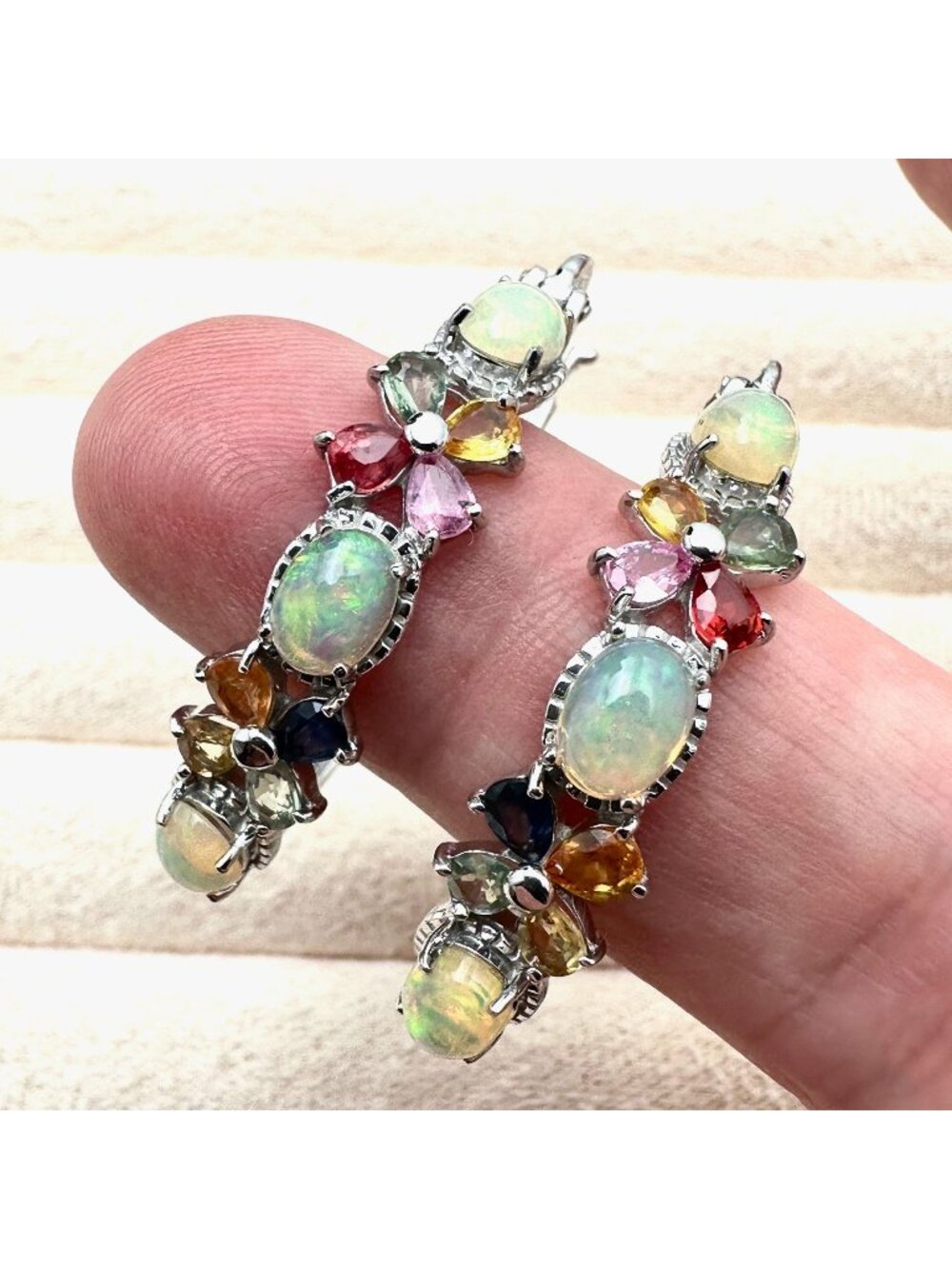 D Joy Opal Multi Gemstone Sterling Silver Hoop Earrings 1.5 Inch Pierced